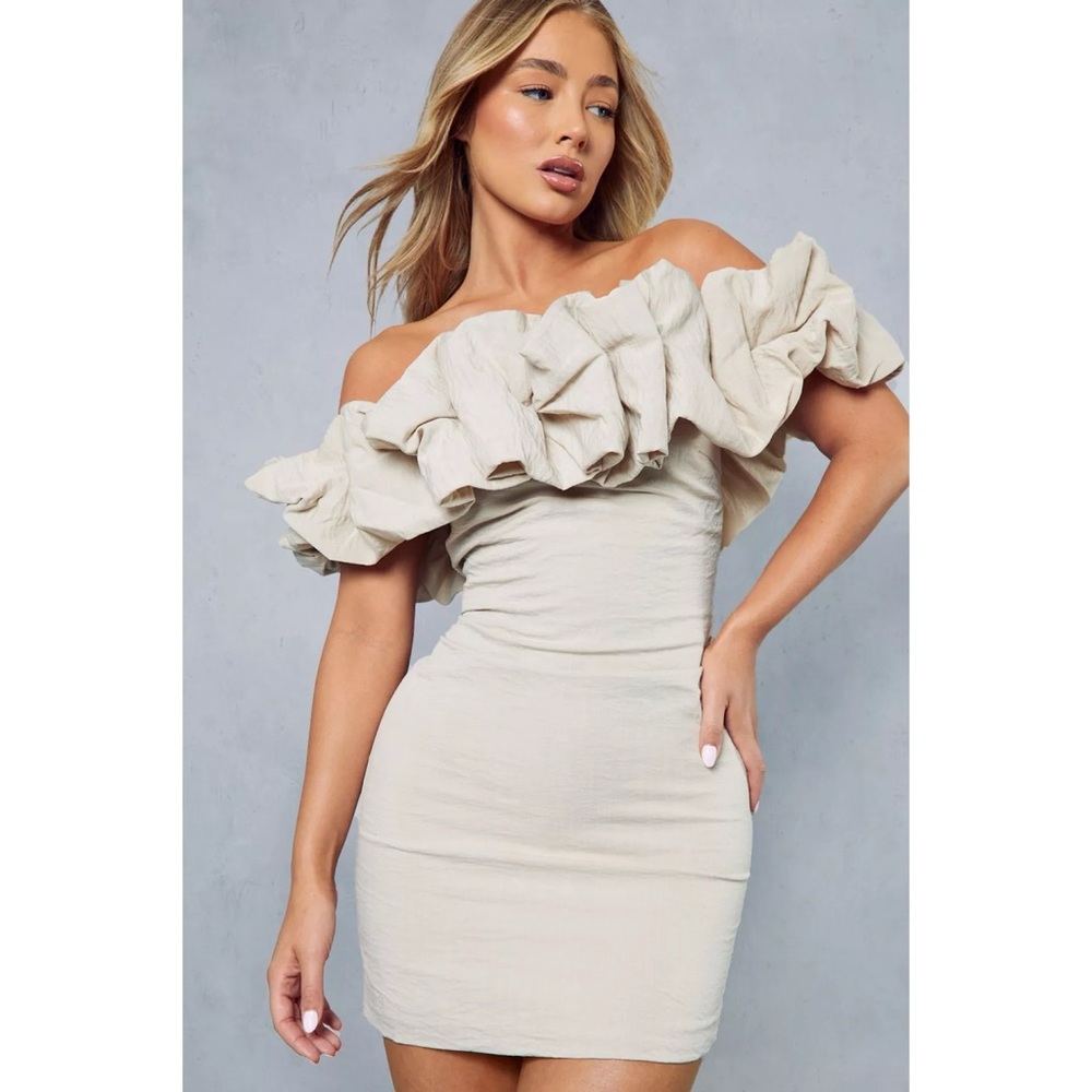 Misspap Linen Frill Off Shoulder Bodycon Mini Dress